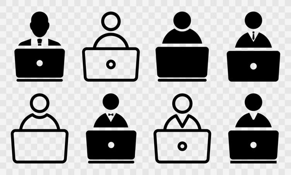 Person and laptop vector icon. Person with computer. Blogger, freelance, programmer or student typing on laptop. Vector icons set.