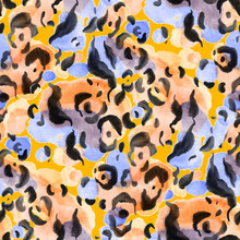 Watercolor Seamless Pattern With Beautiful Bright Abstract Elements And Leopard Spots. Colorful Animalistic Texture For Any Kind Of A Design. Contemporary Art. Trendy Modern Style.	