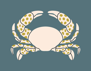 Poster with a crab. Underwater and sea life concept. Hand draw vector illustration isolated on colorful background. Cute design in pastel colors. For prints, typographic and web design.