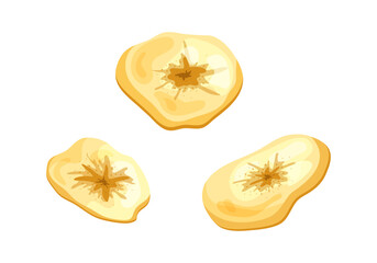 Banana chips dried fruit snack. Round isolated slices cartoon style on white background. Vector illustration