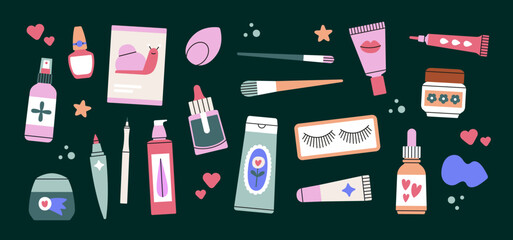 Poster with beauty products. Cream, cleanser, tonic, sheet mask, serum, moisturizer, essence, foundation, nail  polish etc. Make up, manicure and skin care cosmetic. Vector illustration, nice colors