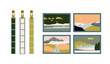 © Busy Lola - Hand drawn vector illustrations set with photos and developed film  suspended and gripped with clothespins. Photos of landscapes and nature. Dark room supplies. Retro photo printing concept.