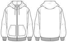 Long Sleeve Hoodie Jacket Design Flat Sketch Illustration, Hooded Sweater Jacket With Front And Back View, Winter Jacket For Men And Women. For Hiker, Outerwear And Workout In Winter