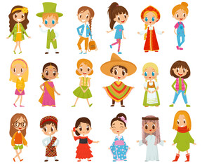 Wall Mural - Children Wearing National Costumes Of Different Countries and Casual Modern Attire Big Vector Set