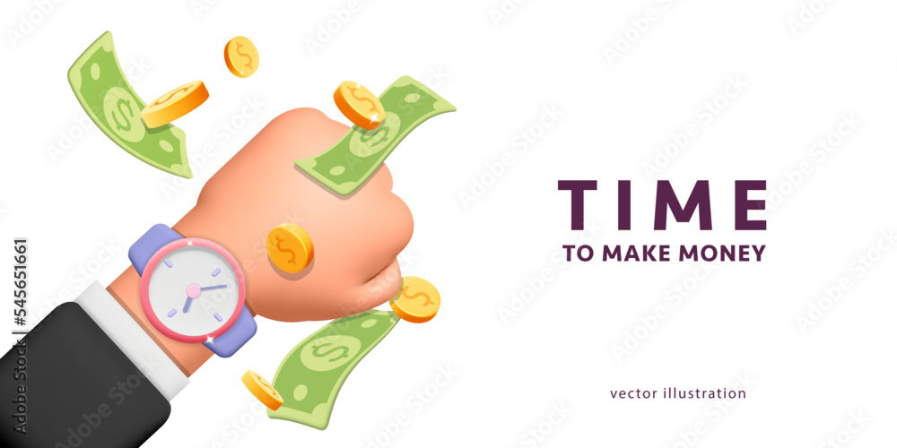 3d vector cartoon render man arm with hand watch or alarm clock and ...