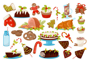 Sticker - Traditional Christmas Eve Treat with Turkey, Cake, Biscuits, Drink and Candy Cane Vector Set