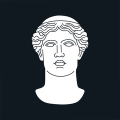 Wall Mural - Poster with a mythological hero's head in marble. Ancient Greek or Roman sculpture style. Hand drawn vector illustration isolated on black background. Museum and art concept.