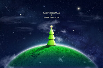 Wall Mural - Christmas tree on the planet in the starry sky. New Year card. New Year's illustration. 3D illustration.