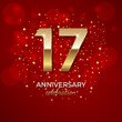 17th Anniversary. Golden number 17 with sparkling confetti and glitter for celebration events, weddings, invitations and greeting cards. Realistic 3d sign. Vector festive illustration