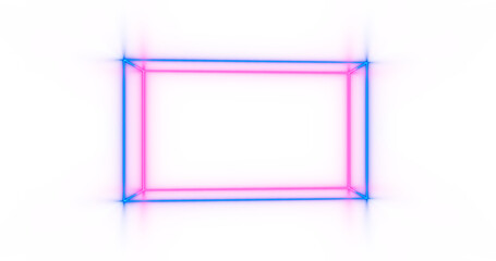 Wall Mural - Neon light lines on png transparent background with reflection on the floor. Neon frame for your design.