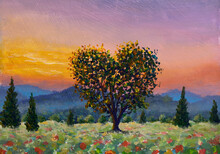 Romantic Art Painting Beautiful Tree In Shape Of Heart, Romantic Sunset Over A Poppy Meadow Illustration Modern Artwork