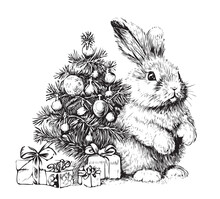 Christmas Bunny With Christmas Tree And Gifts Hand Drawn Sketch Vector Illustration.