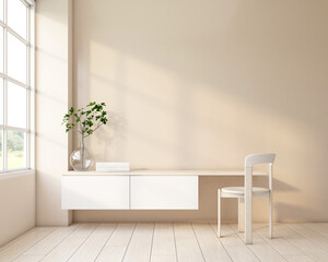 Wall Mural -  Japandi style room decorated with minimalist desk and glass vase. 3d rendering 