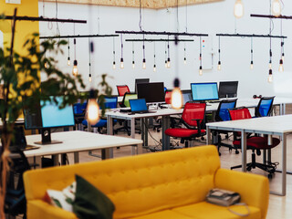 Interior of modern empty office building. Open ceiling design.
