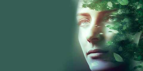 Concept of environment caring devotion, business sustainability and global warming protection shown by woman and green forest double exposure image