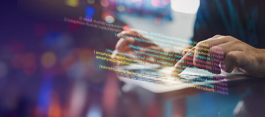 IT programer working on computer code digital technology. Conceptual banner of computer science project, writing software code script for business data analytics.