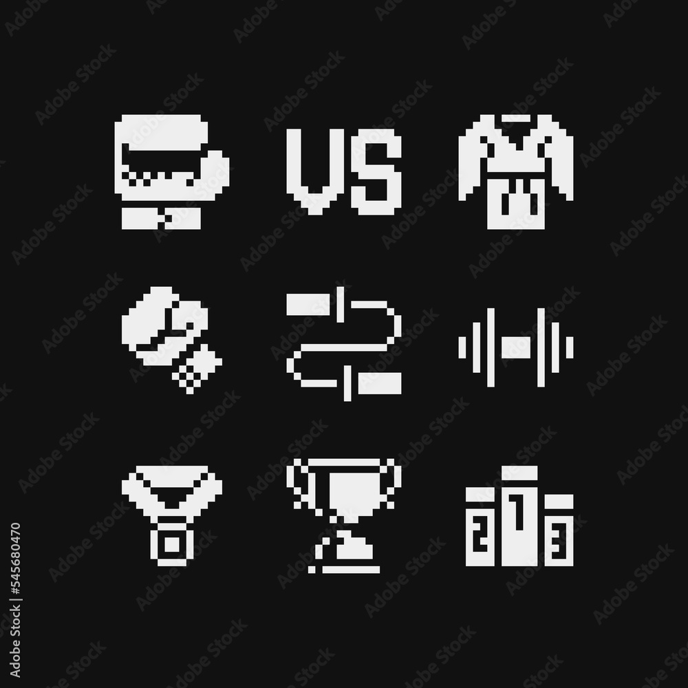 Pixel art style sport set, emoji. Achievement logo. 1-bit sprite ...