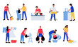 © Tartila - People doing housework. Men woman characters cooking dishes watering flowers cleaning up doing housework chores. Vector cartoon isolated set