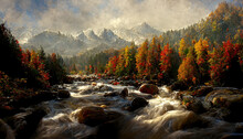 Spectacular Autumnal Forest Panorama With A Mountain Range In The Distance, Bright Orange Leaves On The Forest Floor, And A Rushing Creek Bordered By Woods. Digital Art 3D Illustration