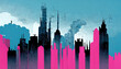 Abstract cityscape with a spectacular contrast of pink and blue, a building in silhouette, and a white background. Digital art 3D illustration. Panoramic shot.