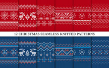 Knitted Seamless 12 Patterns Collection. Christmas Sweater Textures Red And Blue. Holiday Fair Isle Traditional Ornament. Set Xmas Winter Background. Knit Prints. Wool Pullover. Vector Illustration