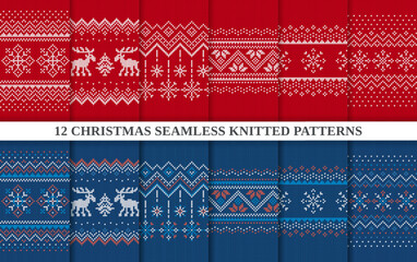 Knitted seamless 12 patterns collection. Christmas sweater textures red and blue. Holiday fair isle traditional ornament. Set Xmas winter background. Knit prints. Wool pullover. Vector illustration