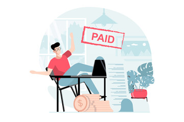 Poster - Electronic receipt concept with people scene in flat design. Man receives digital invoice with taxes and pays in online form using laptop at home. Illustration with character situation for web