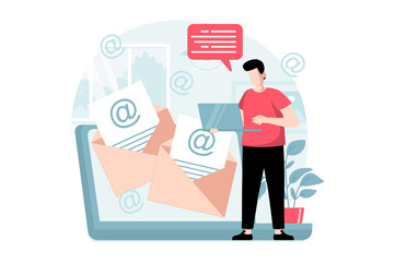 Leinwandbilder - Email service concept with people scene in flat design. Man receiving lot of letters from online contacts and answering using mail client app. Illustration with character situation for web