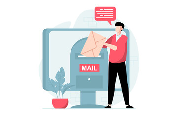 Email service concept with people scene in flat design. Man puts huge envelope in mailbox and sending new letter using mail client on computer. Illustration with character situation for web