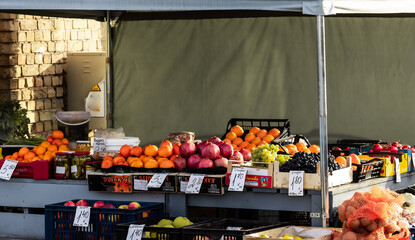 traditional thai food,fruit shop with prices in a European country, food, fruits, vegetables