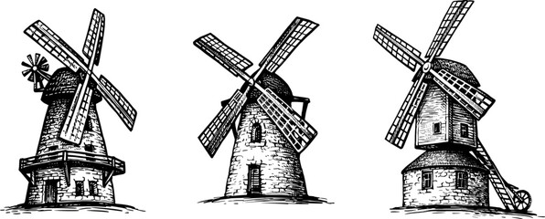 Wall Mural - Old windmills ink sketch.