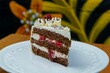 Closeup of a piece of delicious cake with strawberry, chocolate and cream on a white plate