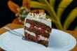 Closeup of a piece of delicious cake with strawberry, chocolate and cream on a white plate