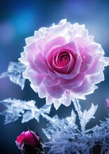 Vertical Illustration Of A Pink Rose With Hoarfrost And Frozen Crystals On A Blue Background