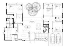 2D CAD Single-story Bungalow House Layout Plan Drawing With 5 Bedrooms And 5 Bathrooms, Furniture And Kitchen. Porch For 2 Cars And Attractive Landscape. Drawing Produced In Black And White. 