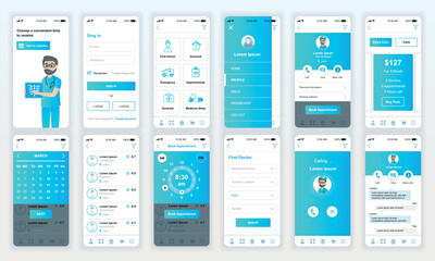 Set of UI, UX, GUI screens Medicine app flat design template for mobile apps, responsive website wireframes. Web design UI kit. Medicine Dashboard.