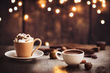 Hot chocolate on dark wooden table, festive lights background
