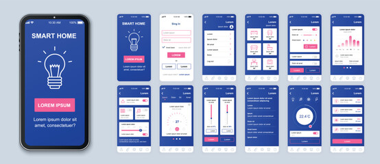 smart home mobile app interface vector templates set. remote temperature control. web page design la