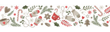 Winter Elements Border Design. Сute And Cozy Seamless Banner. Vector Background With Woolen Mittens,  Tea Mug, Coffee Cup, Gingerbread, Winter Forest Foliage, Snowflakes And Stars