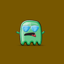 Funny Cute Smiling Green Ghost Monster Isolated On Brown Background. Ghost Cartoon Character And Cute Emoji. Halloween Spirit Element.