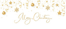 Christmas Banner. Golden Glitter Decoration. Hand Written Merry Christmas Text. Holiday Border, Frame. Festive Vector Background. Garland With Stars. For New Year Cards, Headers, Party Flyers