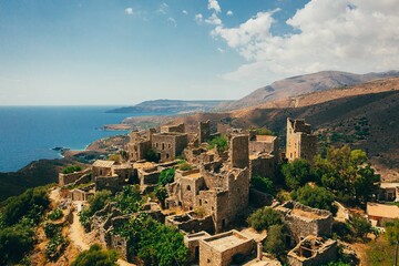 Canvas Print - High angle of beautiful castles on the forested sea hills in Vathia, Greece