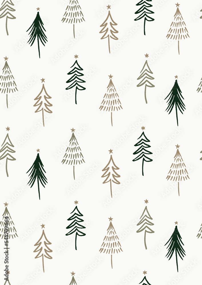 Seamless Vector Pattern With Hand Drawn Christmas Trees On Off-White ...