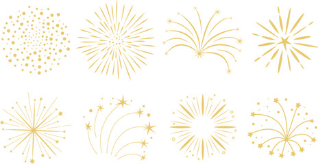 Set of gold fireworks. Collection of fest firecracker star. Simple vector fest decor. Elements for stickers, web, celebration, New year, anniversary, festival, birthday. Isolated on white