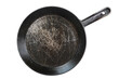 Flat lay of black cast-iron frying pan isolated on transparent background