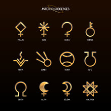 ASTEROID GODDESSES Zodiac Horoscope Thin Line Label Linear Design Esoteric Stylized Elements Symbols Signs. Vector Illustration Icons