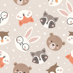 Wall Mural - Cute Woodland Animals seamless pattern. Childish Cartoon Animals Background. Cute Cartoon fox, racoon, bear, rabbit, and owl. design for background, wallpaper, fabric, textile and more.