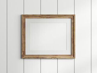 Horizontal frame mockup, wood frame mockup, photo frame on the wall, 3d render