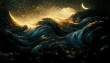 Sea Dark Night Landscape. Moonlight Reflected In The Waves Of The Ocean. Sea Stormy Wave With Foam, Nature Abstraction.