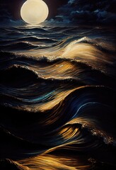 Wall Mural - Sea dark night landscape. Moonlight reflected in the waves of the ocean. Sea stormy wave with foam, nature abstraction.